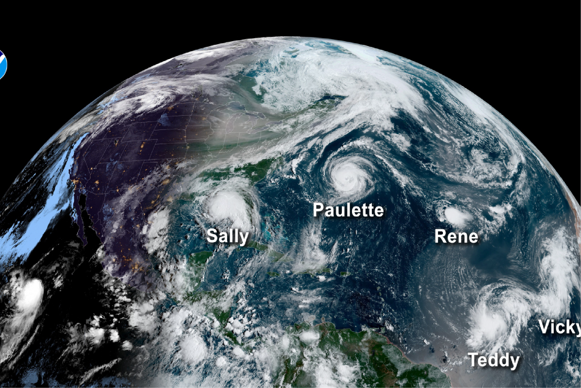 On September 14th, 2020, this satellite image captured 5 tropical systems (2 Hurricanes and 3 Tropical storms) in the Atlantic Ocean at the same time. September 2020 experienced the formation of a total of 10 named storms – the highest number for any month on record according to NOAA.