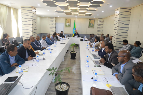 A group of people gathered for a High-level Workshop in Session, presided by Minister Belete Molla Getahun