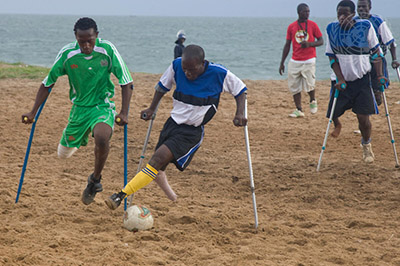 Disabled youths engaged in a football match